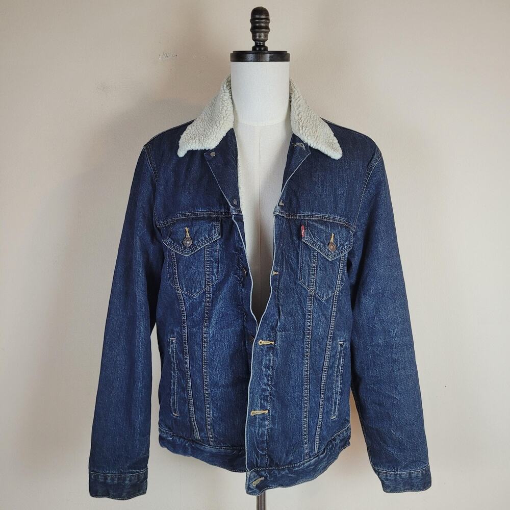 Levis‎ Jacket Mens Large Blue Denim Sherpa Lined Trucker Button Front Classic